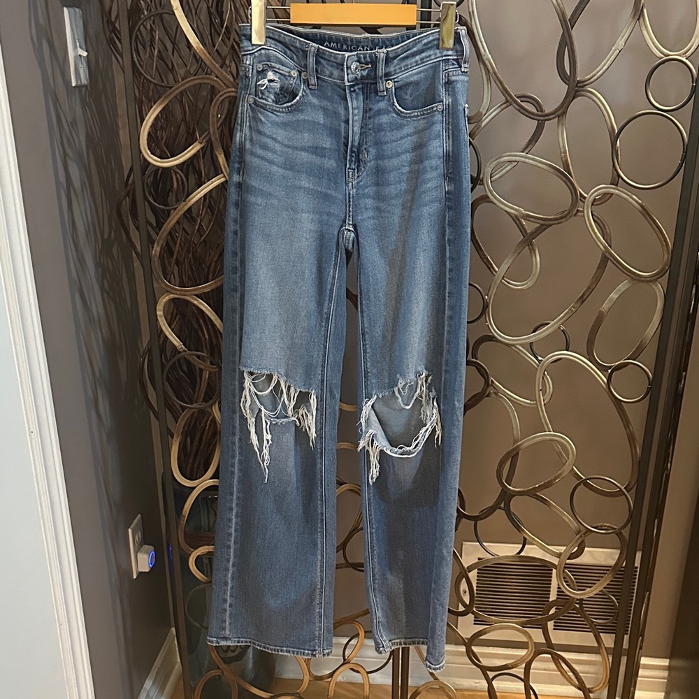 American Eagle Outfitters Wide Leg Blue Distressed Straight Leg Jeans